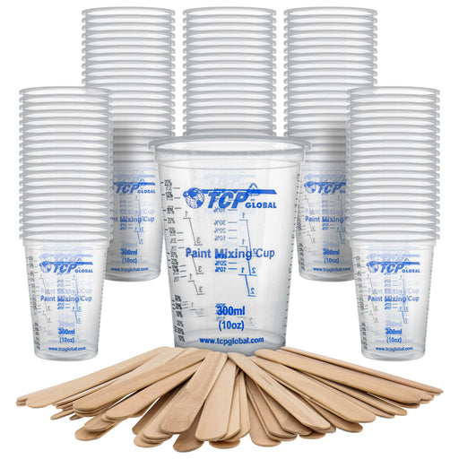 10 oz. (300ml) Graduated Plastic Mixing Cups - Box of 100 with 50 Mixing Sticks - Disposable Plastic Measuring Cups for Liquids, Paints, Resin