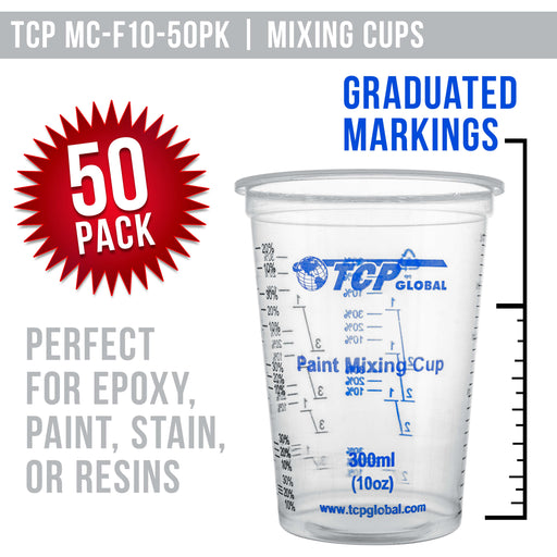 TCP Global 10 Ounce (300ml) Disposable Flexible Clear Graduated Plastic Mixing Cups - Box of 50 Cups & 50 Mixing Sticks - Use for Paint, Resin, Epoxy