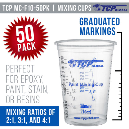 10 oz. (300ml) Graduated Plastic Mixing Cups - Box of 50 with 50 Mixing Sticks - Disposable Plastic Measuring Cups for Liquids, Paints, Resin, Epoxy