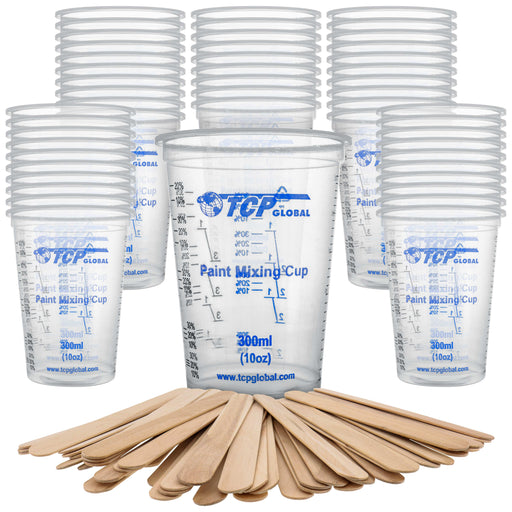 TCP Global 10 Ounce (300ml) Disposable Flexible Clear Graduated Plastic Mixing Cups - Box of 50 Cups & 50 Mixing Sticks - Use for Paint, Resin, Epoxy