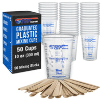 10 oz. (300ml) Graduated Plastic Mixing Cups - Box of 50 with 50 Mixing Sticks - Disposable Plastic Measuring Cups for Liquids, Paints, Resin, Epoxy