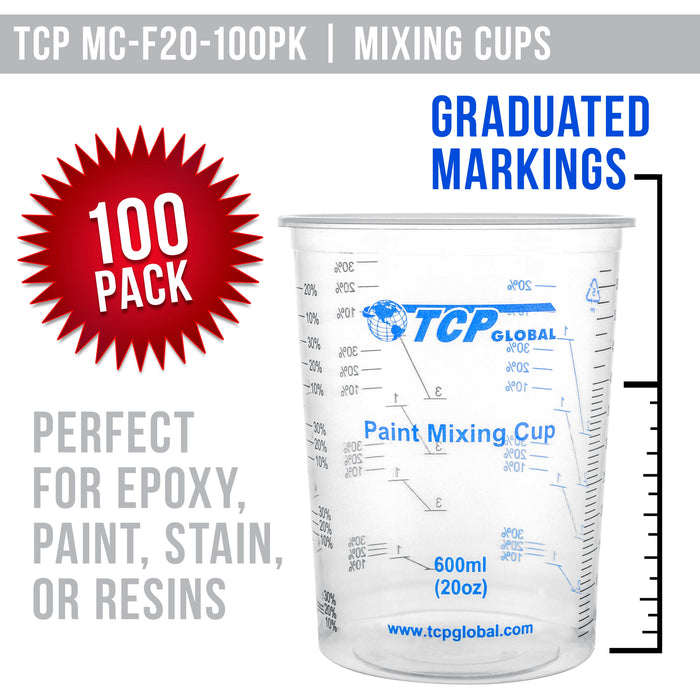 TCP Global 20 Ounce (600ml) Disposable Flexible Clear Graduated Plastic Mixing Cups - Box of 100 Cups & 50 Mixing Sticks - Use for Paint, Resin Epoxy