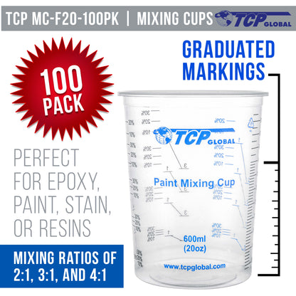 20 oz. (600ml) Graduated Plastic Mixing Cups - Box of 100 with 50 Mixing Sticks - Disposable Plastic Measuring Cups for Liquids, Paints, Resin
