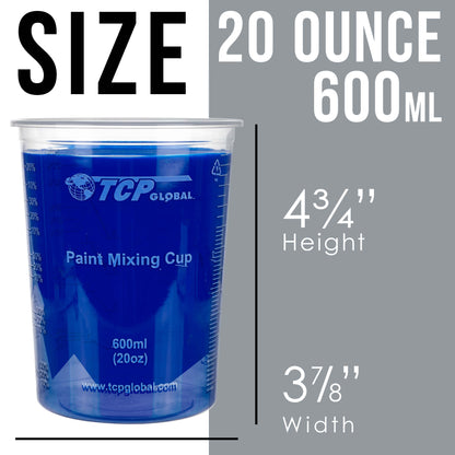20 oz. (600ml) Graduated Plastic Mixing Cups - Box of 100 with 50 Mixing Sticks - Disposable Plastic Measuring Cups for Liquids, Paints, Resin