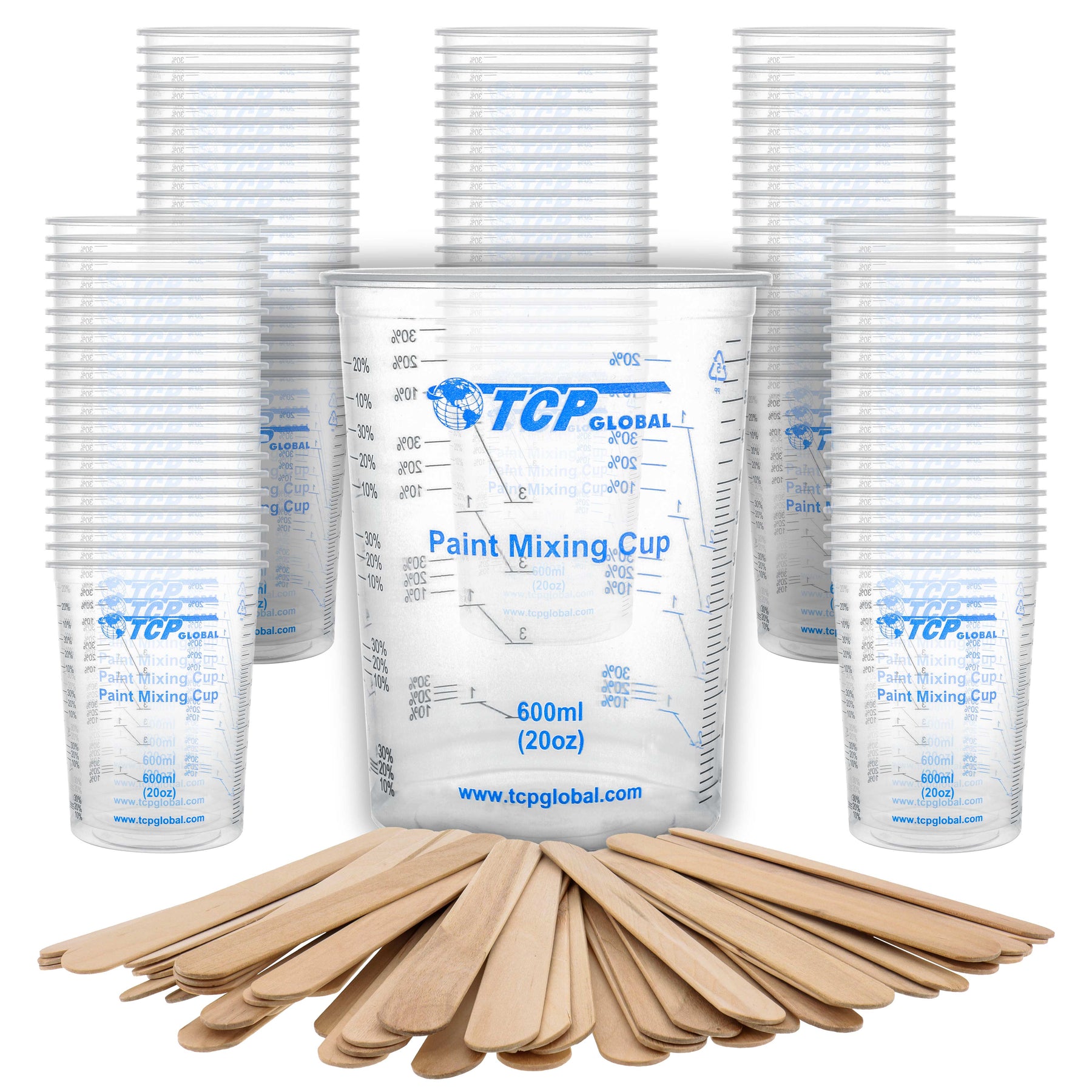 TCP Global 20 Ounce (600ml) Disposable Flexible Clear Graduated Plastic Mixing Cups - Box of 100 Cups & 50 Mixing Sticks
