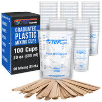 20 oz. (600ml) Graduated Plastic Mixing Cups - Box of 100 with 50 Mixing Sticks - Disposable Plastic Measuring Cups for Liquids, Paints, Resin