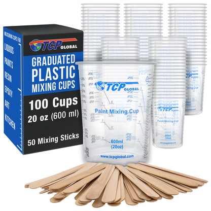 20 oz. (600ml) Graduated Plastic Mixing Cups - Box of 100 with 50 Mixing Sticks - Disposable Plastic Measuring Cups for Liquids, Paints, Resin