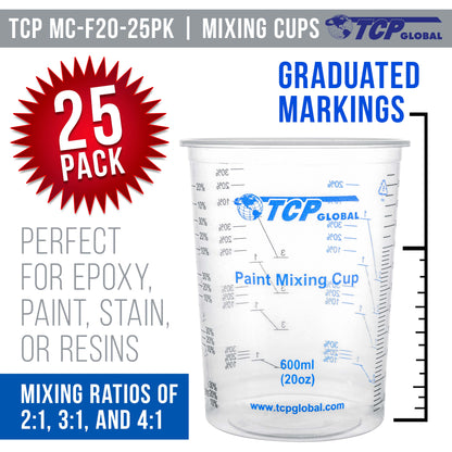 20 oz. (600ml) Graduated Plastic Mixing Cups - Box of 25 - Disposable Plastic Measuring Cups for Liquids, Paints, Resin, Epoxy, Art, Kitchen - Ratios