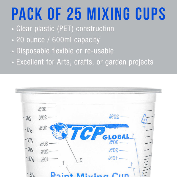 TCP Global 20 Ounce (600ml) Disposable Flexible Clear Graduated Plastic Mixing Cups - Box of 25 Cups & 25 Mixing Sticks - Use for Paint, Resin, Epoxy