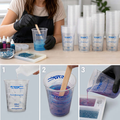 20 oz. (600ml) Graduated Plastic Mixing Cups - Box of 25 - Disposable Plastic Measuring Cups for Liquids, Paints, Resin, Epoxy, Art, Kitchen - Ratios
