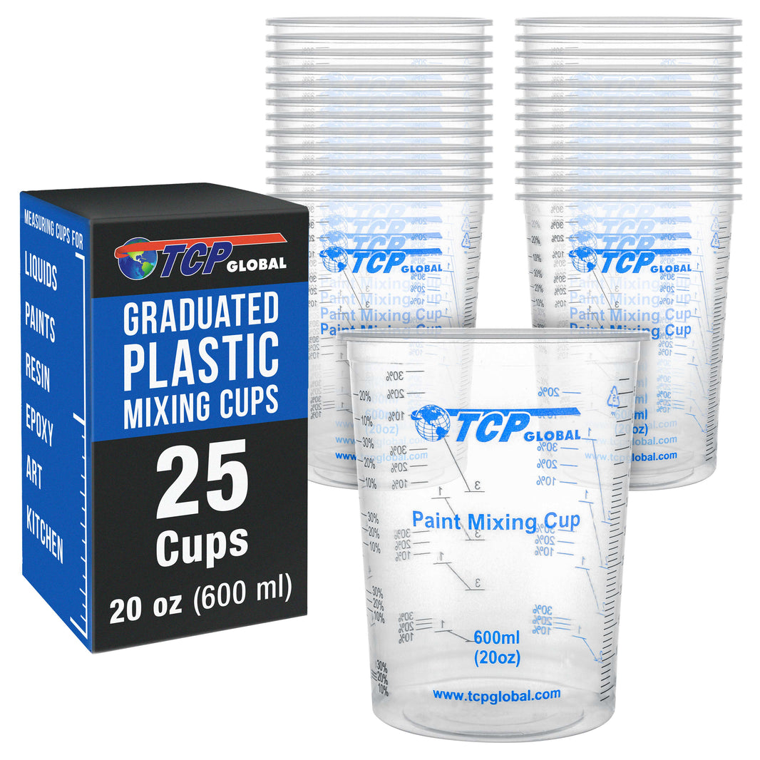 20 oz. (600ml) Graduated Plastic Mixing Cups - Box of 25 - Disposable Plastic Measuring Cups for Liquids, Paints, Resin, Epoxy, Art, Kitchen - Ratios