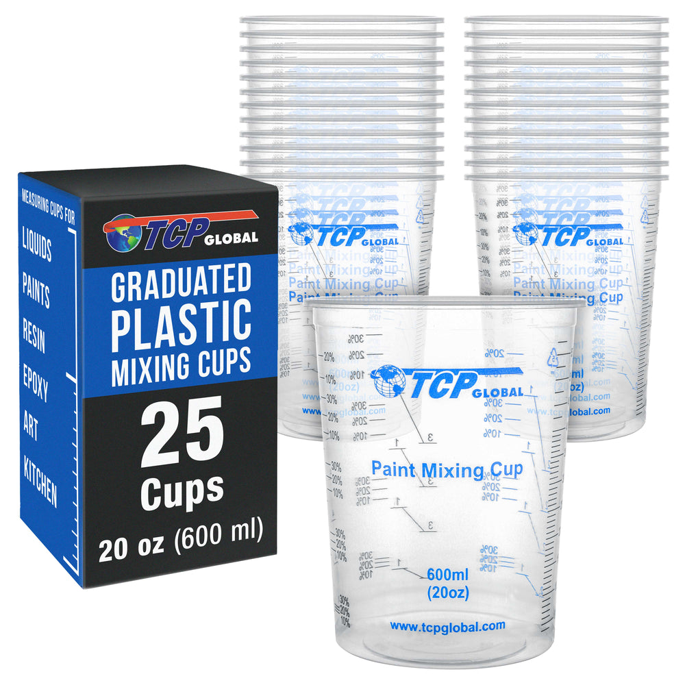 20 oz. (600ml) Graduated Plastic Mixing Cups - Box of 25 - Disposable Plastic Measuring Cups for Liquids, Paints, Resin, Epoxy, Art, Kitchen - Ratios