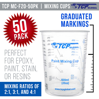 20 oz. (600ml) Graduated Plastic Mixing Cups - Box of 50 with 50 Mixing Sticks - Disposable Plastic Measuring Cups for Liquids, Paints, Resin, Epoxy