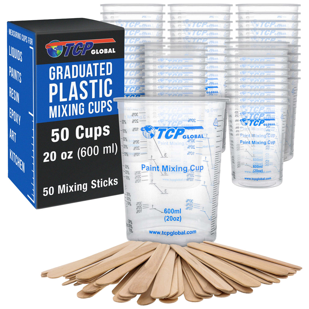 20 oz. (600ml) Graduated Plastic Mixing Cups - Box of 50 with 50 Mixing Sticks - Disposable Plastic Measuring Cups for Liquids, Paints, Resin, Epoxy