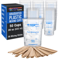 20 oz. (600ml) Graduated Plastic Mixing Cups - Box of 50 with 50 Mixing Sticks - Disposable Plastic Measuring Cups for Liquids, Paints, Resin, Epoxy