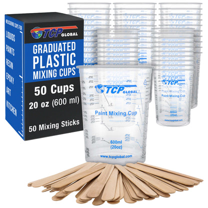 20 oz. (600ml) Graduated Plastic Mixing Cups - Box of 50 with 50 Mixing Sticks - Disposable Plastic Measuring Cups for Liquids, Paints, Resin, Epoxy