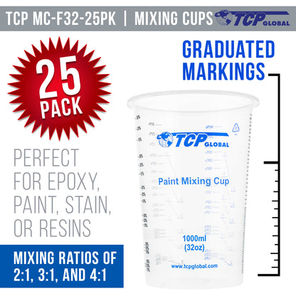 32 oz. (1000ml) Graduated Plastic Mixing Cups (Box of 25) - Disposable Plastic Measuring Cups for Liquids, Paints, Resin, Epoxy, Art, Kitchen