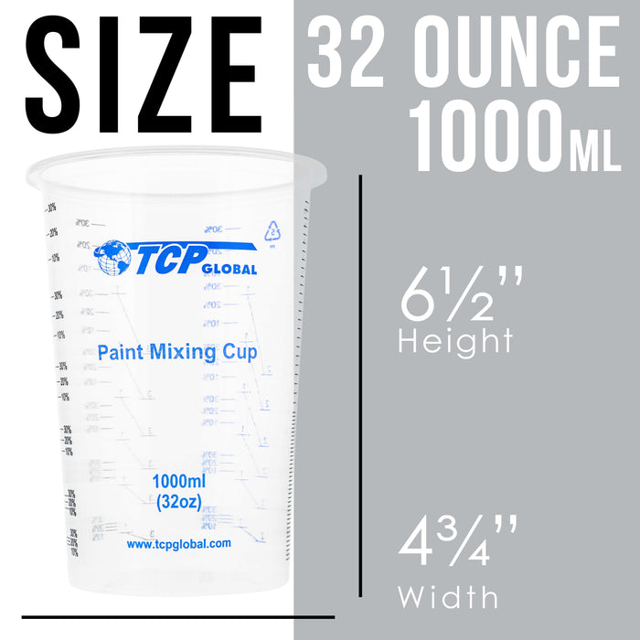 TCP Global 32 Ounce (1000ml) Disposable Flexible Clear Graduated Plastic Mixing Cups - Box of 25 Cups - Use for Paint, Resin, Epoxy, Art, Kitchen