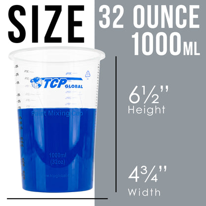 32 oz. (1000ml) Graduated Plastic Mixing Cups (Box of 25) - Disposable Plastic Measuring Cups for Liquids, Paints, Resin, Epoxy, Art, Kitchen
