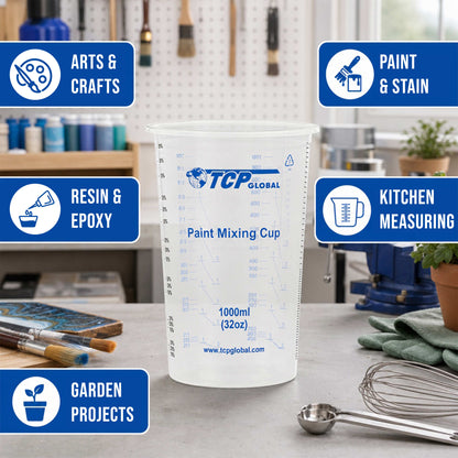 32 oz. (1000ml) Graduated Plastic Mixing Cups (Box of 25) - Disposable Plastic Measuring Cups for Liquids, Paints, Resin, Epoxy, Art, Kitchen