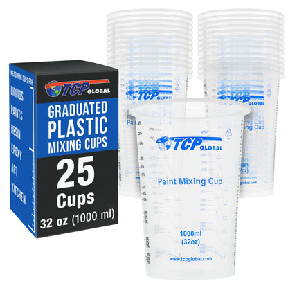 32 oz. (1000ml) Graduated Plastic Mixing Cups (Box of 25) - Disposable Plastic Measuring Cups for Liquids, Paints, Resin, Epoxy, Art, Kitchen