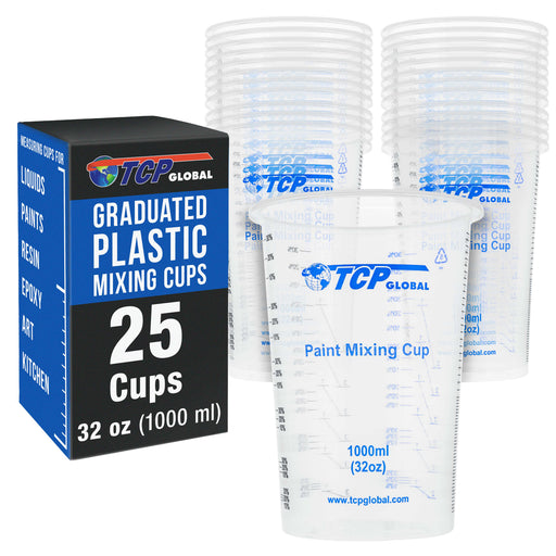 32 oz. (1000ml) Graduated Plastic Mixing Cups (Box of 25) - Disposable Plastic Measuring Cups for Liquids, Paints, Resin, Epoxy, Art, Kitchen