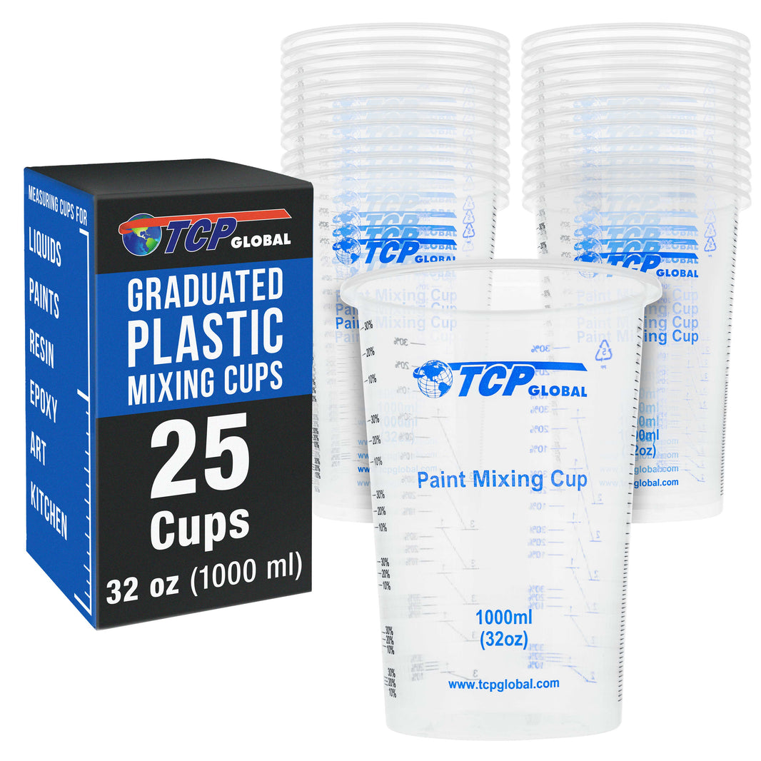 32 oz. (1000ml) Graduated Plastic Mixing Cups (Box of 25) - Disposable Plastic Measuring Cups for Liquids, Paints, Resin, Epoxy, Art, Kitchen