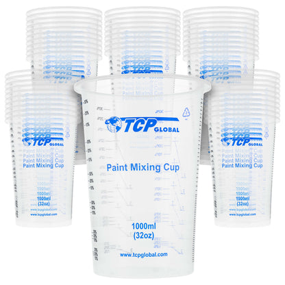 32 oz. (1000ml) Graduated Plastic Mixing Cups (Box of 50) - Disposable Plastic Measuring Cups for Liquids, Paints, Resin, Epoxy, Art, Kitchen