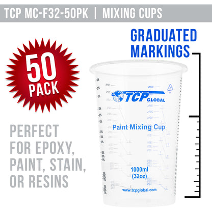 32 oz. (1000ml) Graduated Plastic Mixing Cups (Box of 50) - Disposable Plastic Measuring Cups for Liquids, Paints, Resin, Epoxy, Art, Kitchen