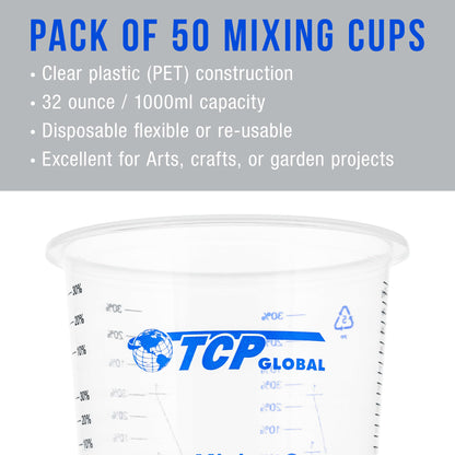 32 oz. (1000ml) Graduated Plastic Mixing Cups (Box of 50) - Disposable Plastic Measuring Cups for Liquids, Paints, Resin, Epoxy, Art, Kitchen