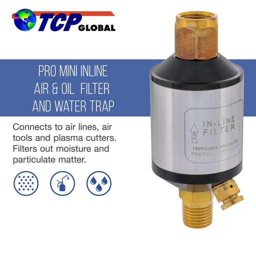 TCP Global Mini In-Line Air Filter, Oil and Water Separator - Aluminum Body with Drain Valve, Water Trap, Air Dryer, Remove Moisture Dirt, Hose, Tools