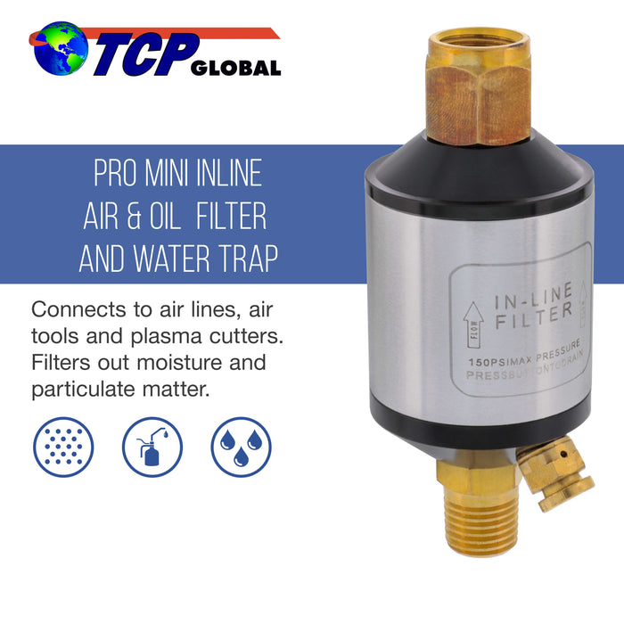 TCP Global Mini In-Line Air Filter, Oil and Water Separator - Aluminum Body with Drain Valve, Water Trap, Air Dryer, Remove Moisture Dirt, Hose, Tools