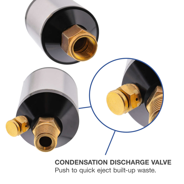 TCP Global Mini In-Line Air Filter, Oil and Water Separator - Aluminum Body with Drain Valve, Water Trap, Air Dryer, Remove Moisture Dirt, Hose, Tools