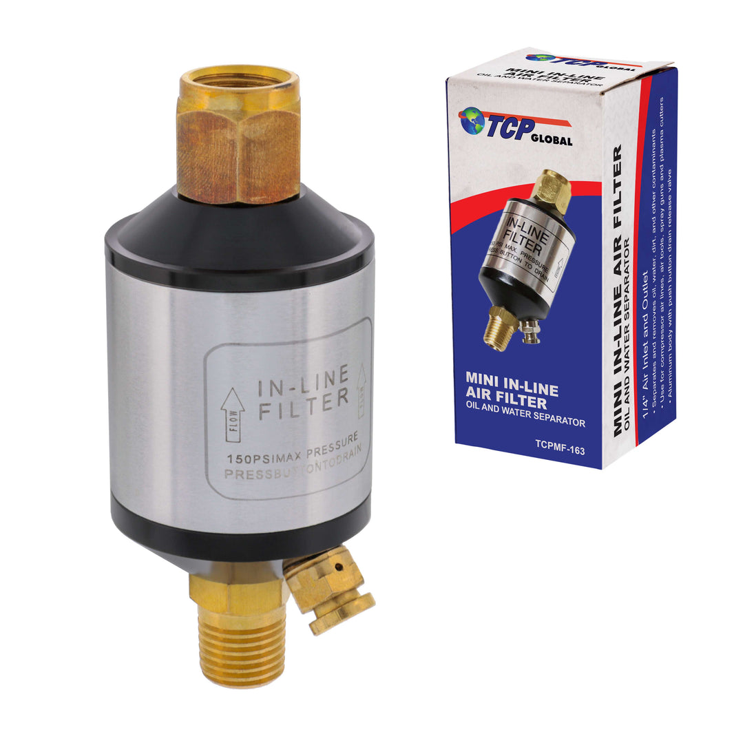 Mini In-Line Air Filter, Oil and Water Separator - Aluminum Body with Drain Valve, Water Trap, Air Dryer, Remove Moisture Dirt, Hose, Tools