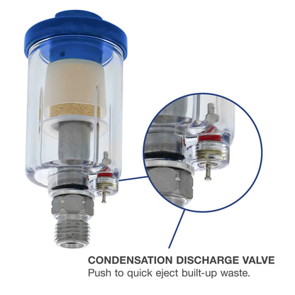 Mini In-Line Air Filter (2 Pack) - Water & Oil Separator with Drain Valve - Water Trap, Air Dryer, Removes Moisture, Dirt - Use on Compressor Hose