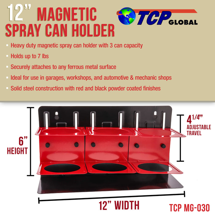 TCP Global Magnetic Can, Bottle and Cup Holder - Holds 3 Aerosol Spray Cans, Paint, Lubricant, Polish Bottles, Drinks - Adjustable Storage Tray Height
