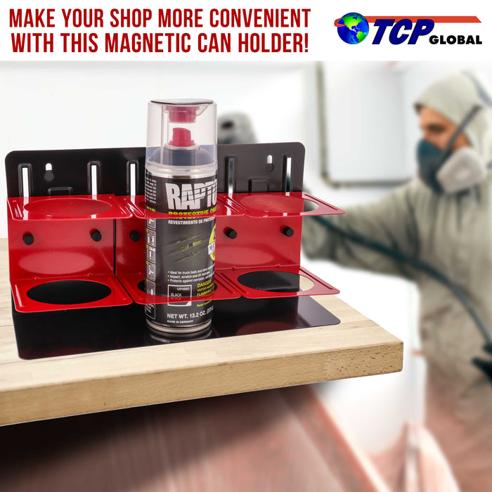 TCP Global Magnetic Can, Bottle and Cup Holder - Holds 3 Aerosol Spray Cans, Paint, Lubricant, Polish Bottles, Drinks - Adjustable Storage Tray Height