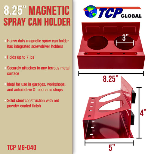 TCP Global Magnetic Aerosol Spray Can and Screwdriver Holder Tray - Hold Paint, Lubricant, Bottles, 5 Screwdrivers - Attach to Toolbox, Wall, Cabinet