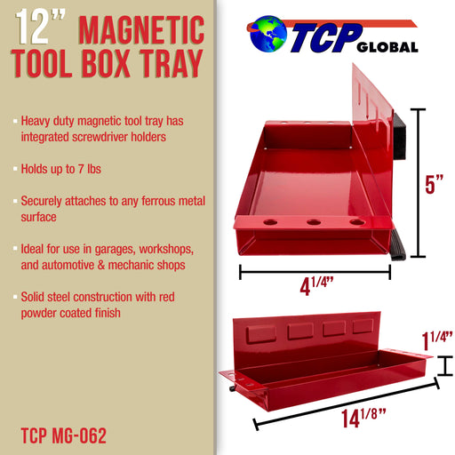 TCP Global 12" Magnetic Tool Box Tray with Screwdriver Holder - Steel Storage Shelf Bin, Store Hand Tools, Auto Parts - Workshop Garage, Wall, Cabinet