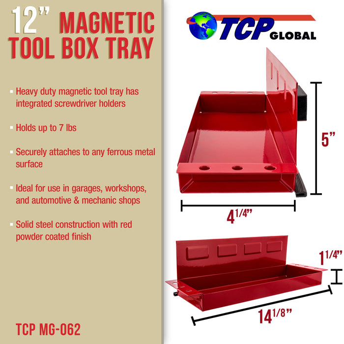 TCP Global 12" Magnetic Tool Box Tray with Screwdriver Holder - Steel Storage Shelf Bin, Store Hand Tools, Auto Parts - Workshop Garage, Wall, Cabinet