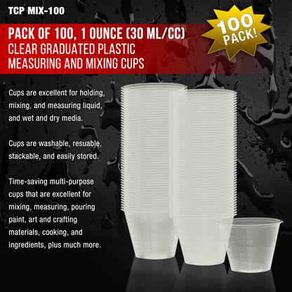Pack of 100, 1 Ounce (30ml) Graduated Plastic Clear Measuring and Mixing Cups - Hold, Mix Paint, Acrylic Art Hobby Airbrush Pouring Paint