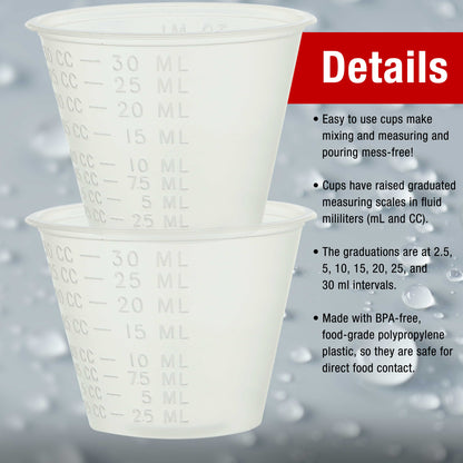 Pack of 100, 1 Ounce (30ml) Graduated Plastic Clear Measuring and Mixing Cups - Hold, Mix Paint, Acrylic Art Hobby Airbrush Pouring Paint