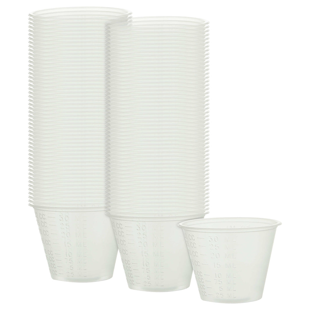 Pack of 100, 1 Ounce (30ml) Graduated Plastic Clear Measuring and Mixing Cups - Hold, Mix Paint, Acrylic Art Hobby Airbrush Pouring Paint