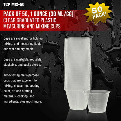 Pack of 50, 1 Ounce (30ml) Graduated Plastic Clear Measuring and Mixing Cups - Hold, Mix Paint, Acrylic Art Hobby Airbrush Pouring Paint