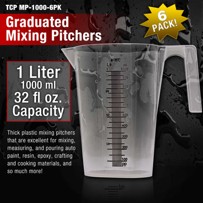 1 Liter (1000ml) Plastic Graduated Measuring and Mixing Pitcher (Pack of 6), Quart 32oz - Pouring Cups, Measure & Mix Paint, Resin, Cooking