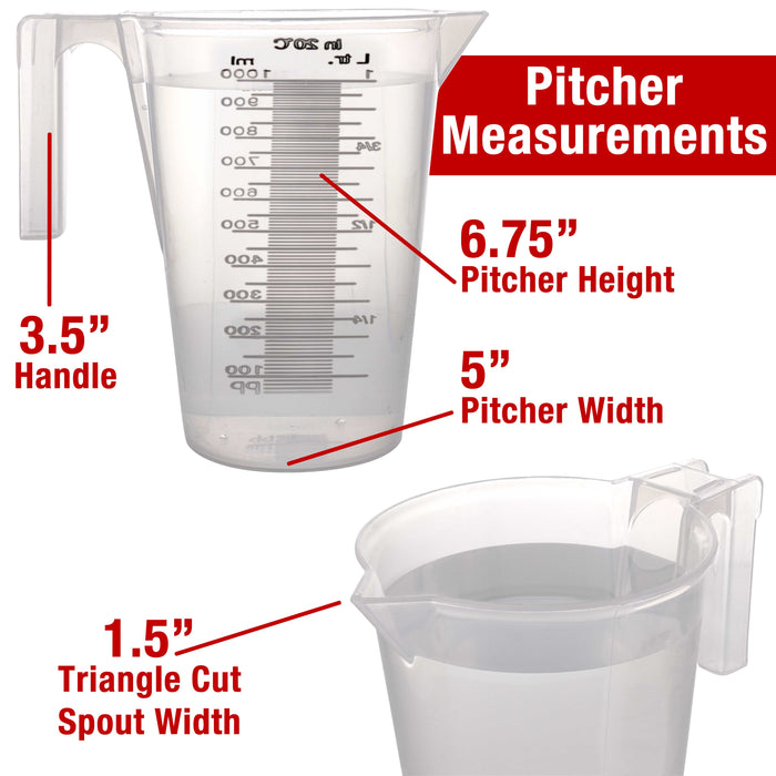 TCP Global 1 Liter (1000ml) Plastic Graduated Measuring and Mixing Pitcher (Pack of 6), Quart 32oz - Pouring Cups, Measure & Mix Paint, Resin, Cooking