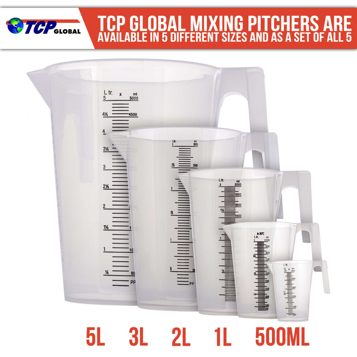 TCP Global 1 Liter (1000ml) Plastic Graduated Measuring and Mixing Pitcher (Pack of 6), Quart 32oz - Pouring Cups, Measure & Mix Paint, Resin, Cooking