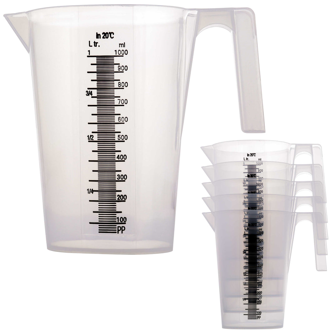 1 Liter (1000ml) Plastic Graduated Measuring and Mixing Pitcher (Pack of 6), Quart 32oz - Pouring Cups, Measure & Mix Paint, Resin, Cooking