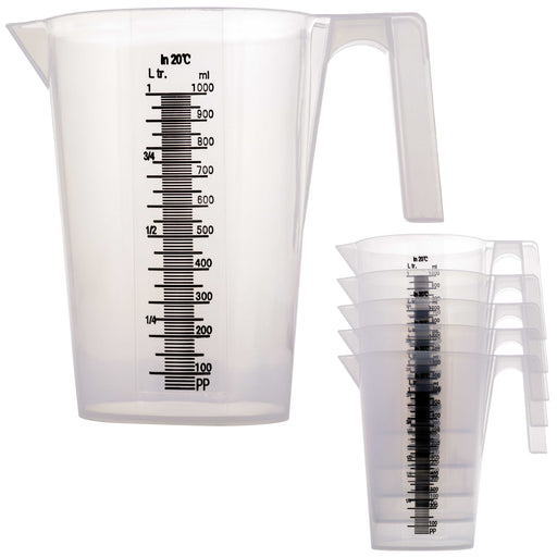 TCP Global 1 Liter (1000ml) Plastic Graduated Measuring and Mixing Pitcher (Pack of 6), Quart 32oz - Pouring Cups, Measure & Mix Paint, Resin, Cooking