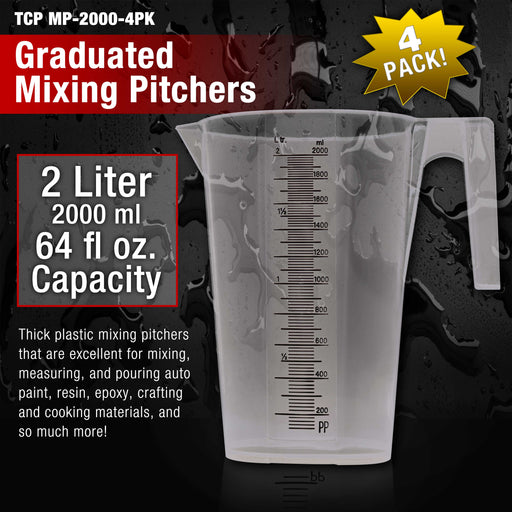 TCP Global 2 Liter (2000ml) Plastic Graduated Measuring and Mixing Pitcher (Pack of 4), 2 Quarts 64oz, Pouring Cup, Measure & Mix Paint Resin, Cooking